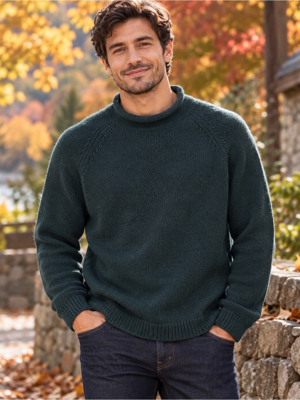 Vintage GAP Men’s XL 100% Wool Dark Green Knit Sweater Mock Neck Fall